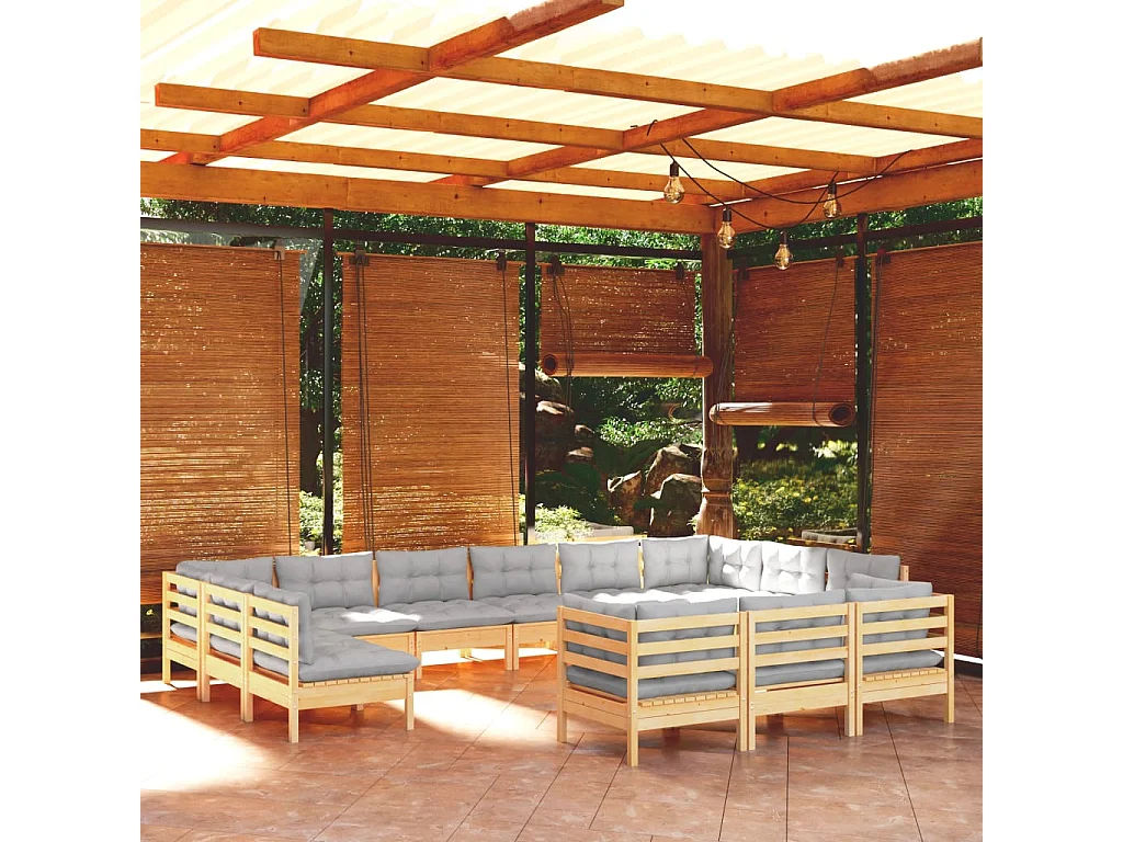 Juego de muebles de jardín 13 piezas y cojines madera pino gris