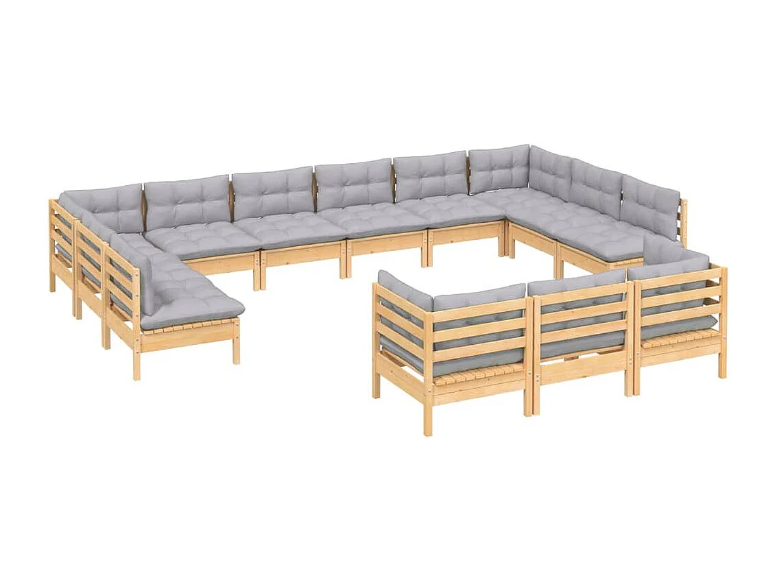 Juego de muebles de jardín 13 piezas y cojines madera pino gris