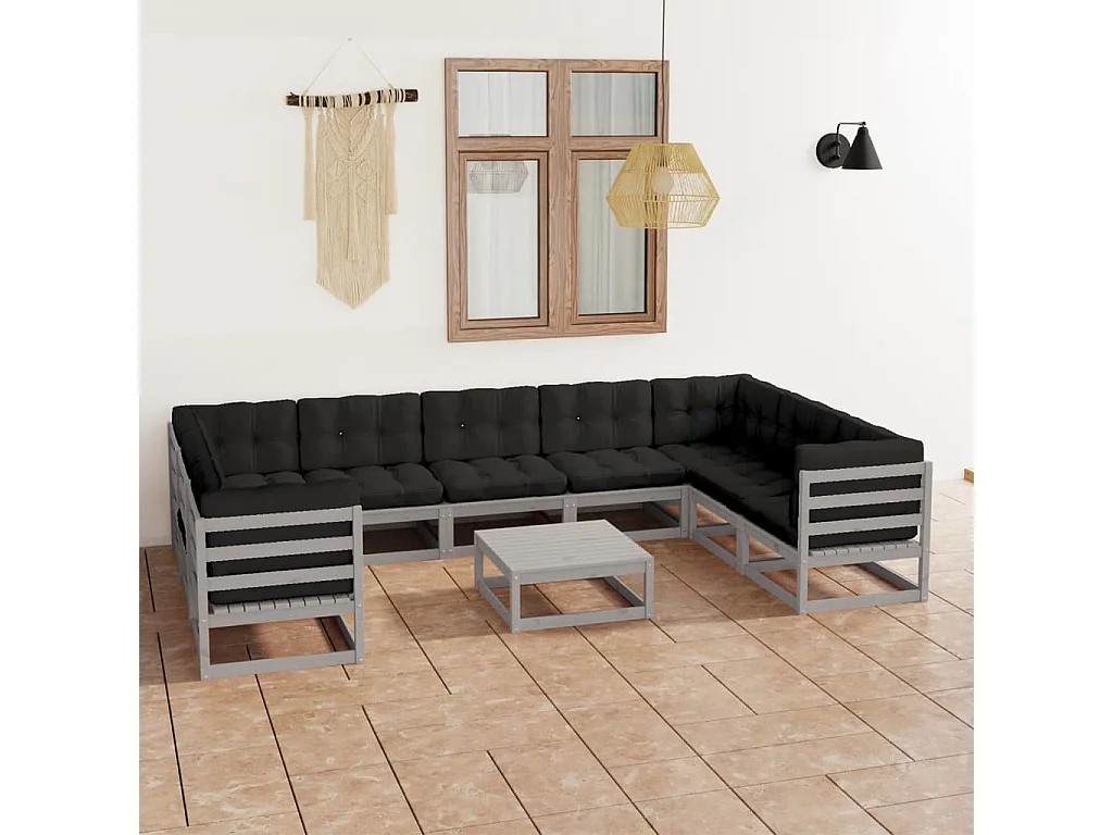 Salon de jardin 10 pièces avec coussins Gris Bois de pin massif