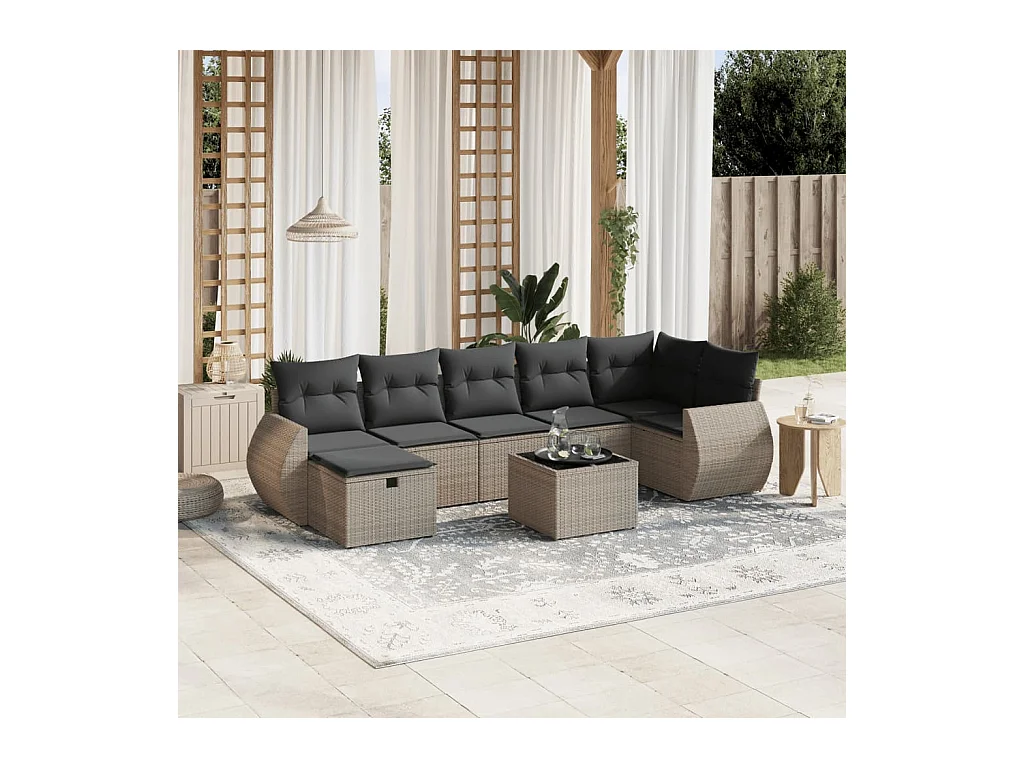 Salon de jardin 8 pièces avec coussins gris résine tressée