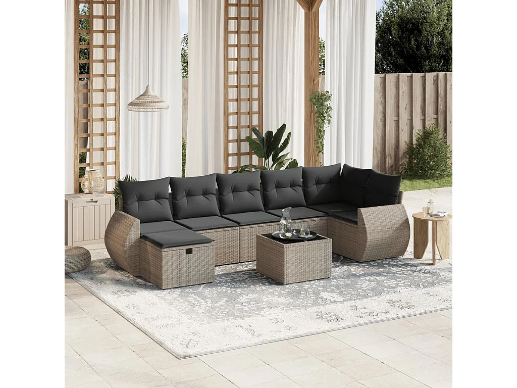 8-delige Loungeset met kussens poly rattan grijs