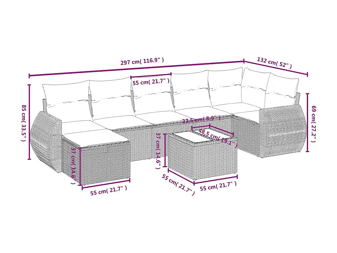 8-delige Loungeset met kussens poly rattan grijs