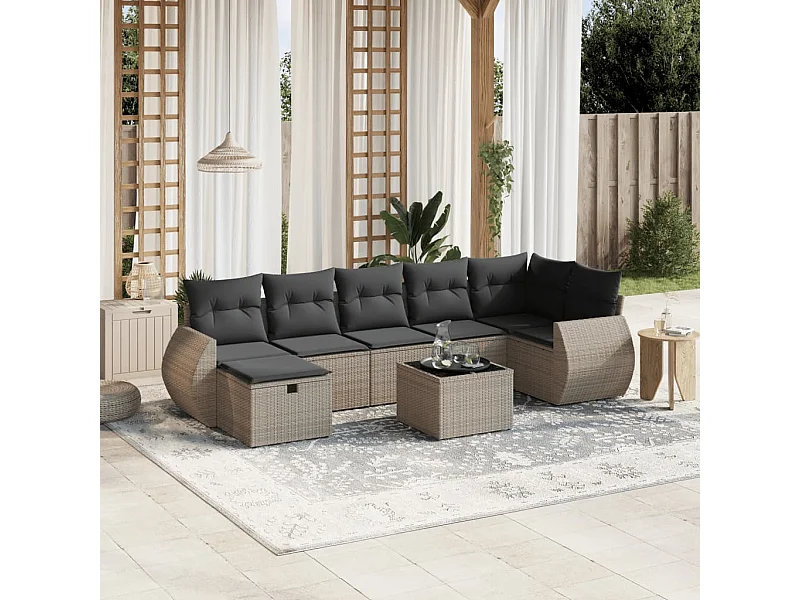 8-delige Loungeset met kussens poly rattan grijs