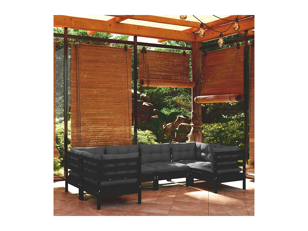 Salon de jardin 6 pièces avec coussins Noir Bois de pin