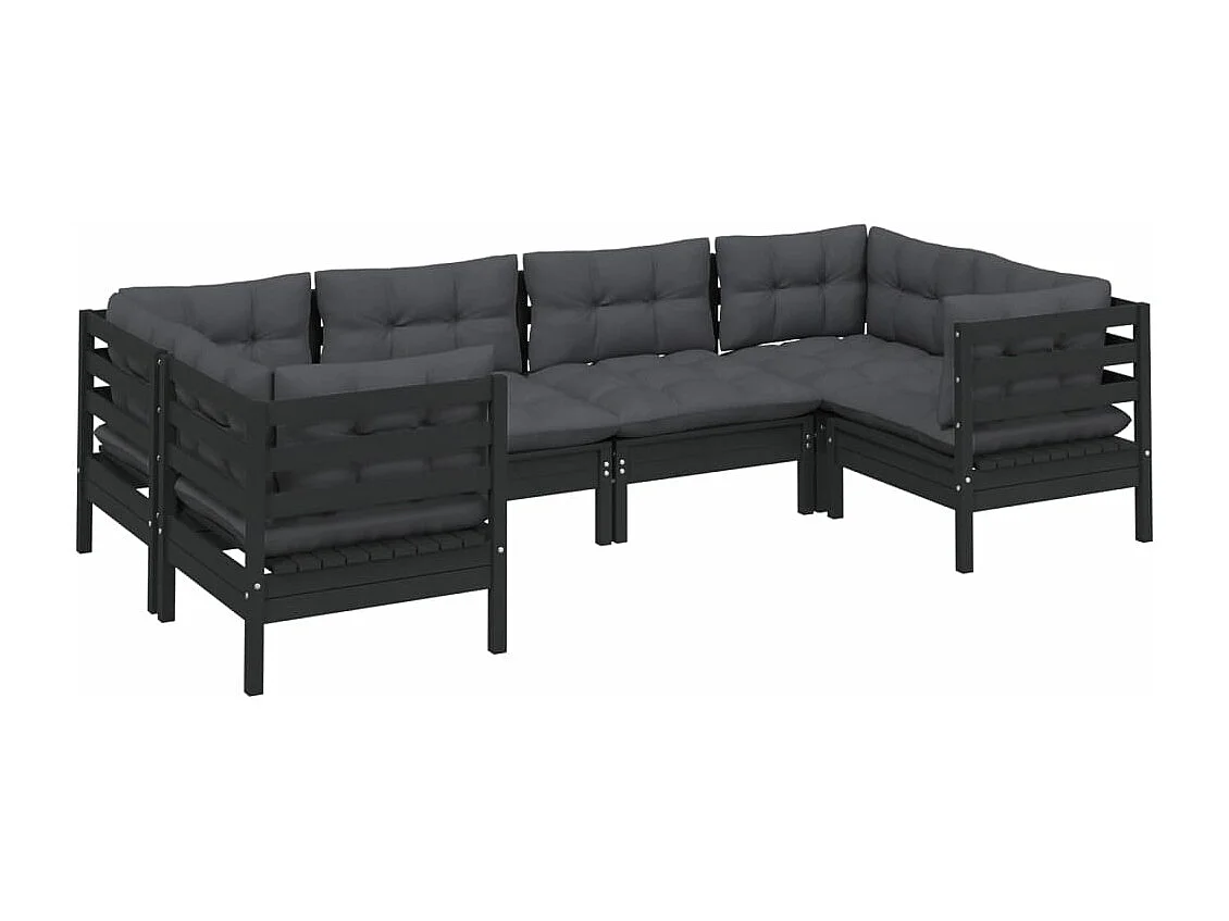 Salon de jardin 6 pièces avec coussins Noir Bois de pin