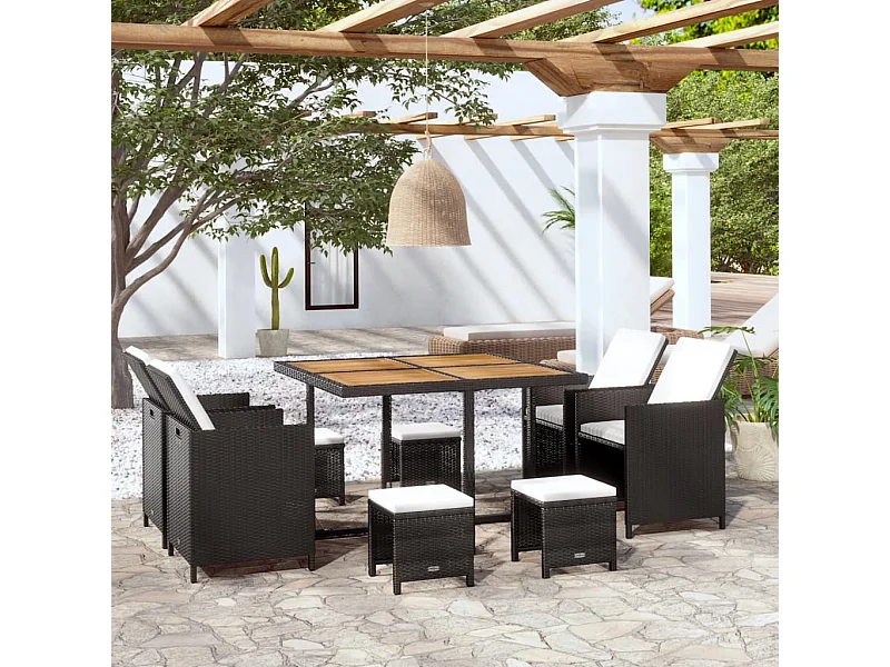 9 peças conjunto jantar p/ exterior vime e madeira acácia preto