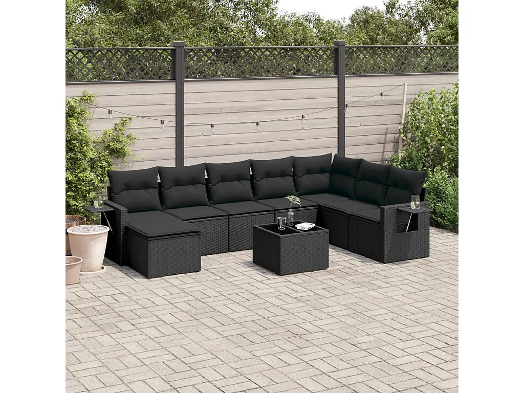 Set de sofás de jardín 8 piezas y cojines ratán sintético negro
