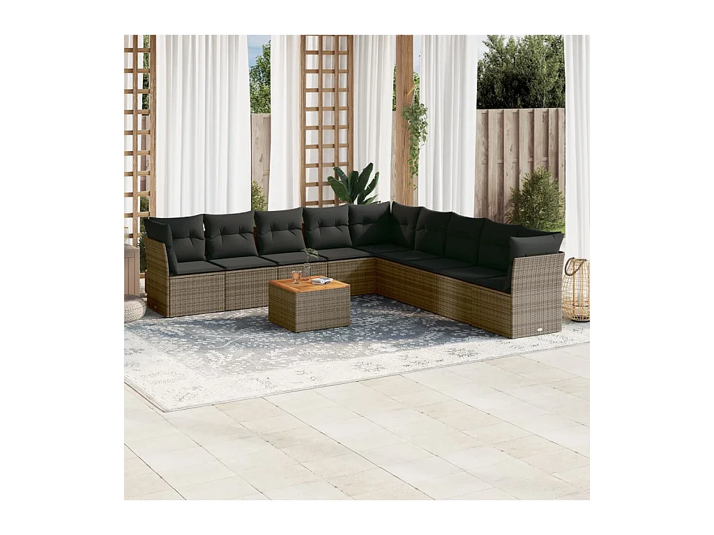 Salon de jardin avec coussins 10 pièces gris résine tressée