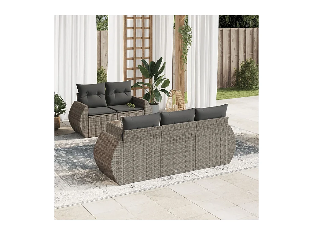 Set de muebles de jardín 6 piezas y cojines ratán sintético gris