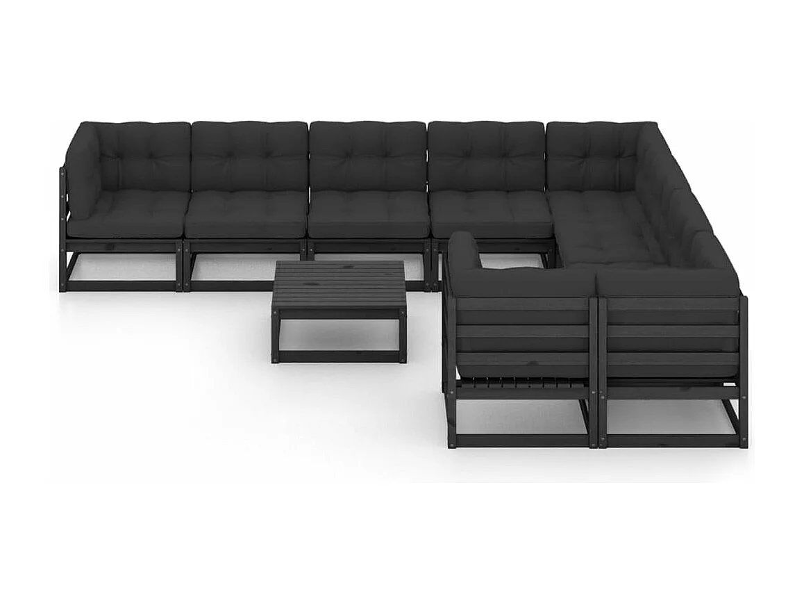 Salon de jardin 10 pièces avec coussins Noir Bois de pin massif