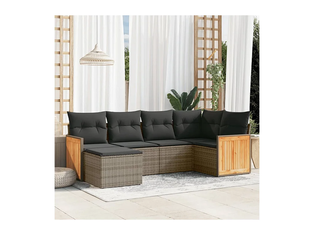 Salon de jardin 6 pièces avec coussins gris résine tressée