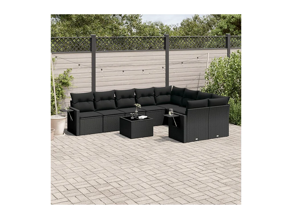 Salon de jardin 10 pièces avec coussins noir résine tressée