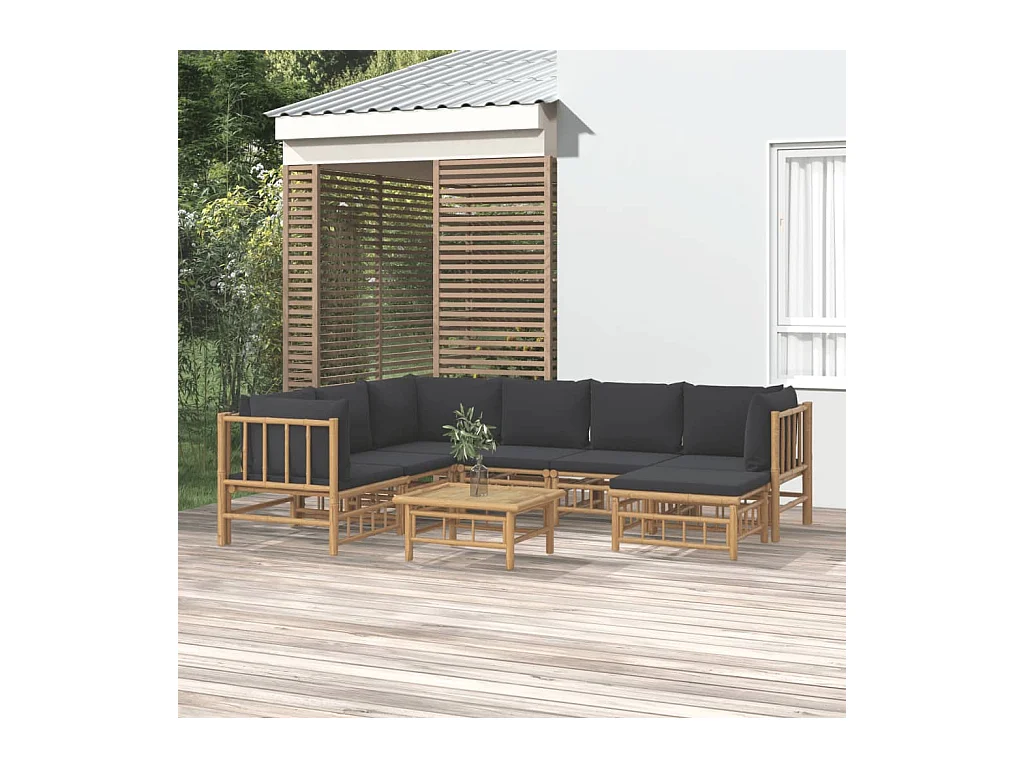 Salon de jardin 8 pièces avec coussins gris foncé bambou