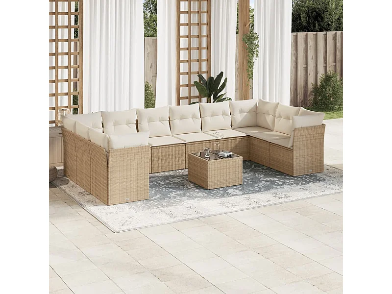 Salon de jardin 11 pièces avec coussins beige résine tressée
