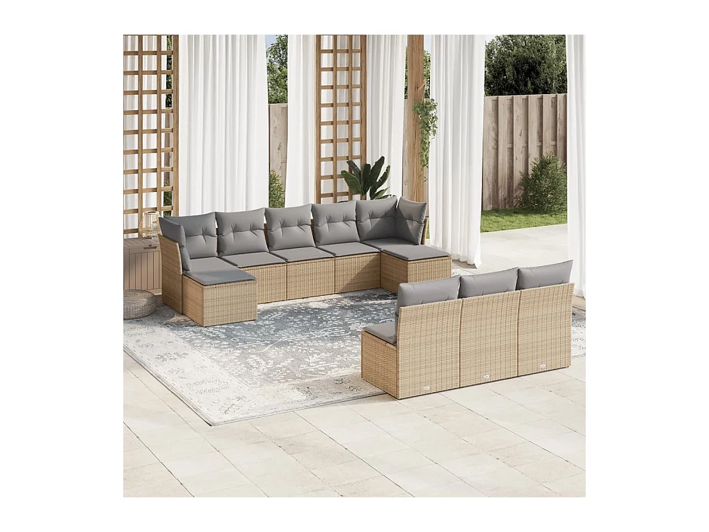 10-delige Loungeset met kussens poly rattan beige