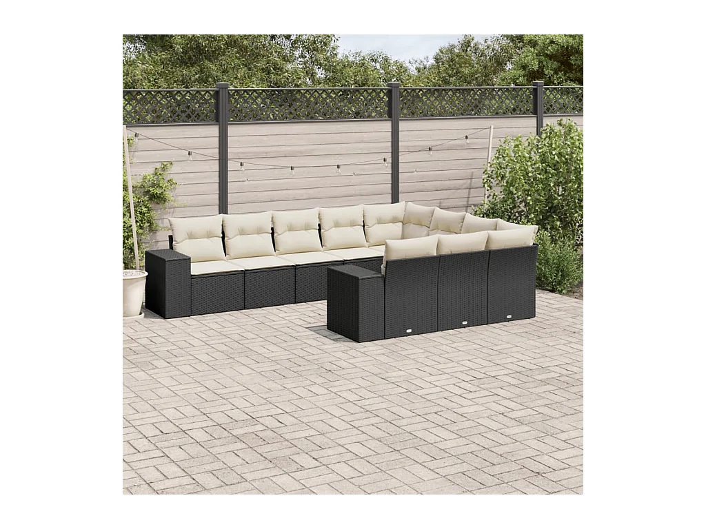 Salon de jardin 10 pièces avec coussins noir résine tressée