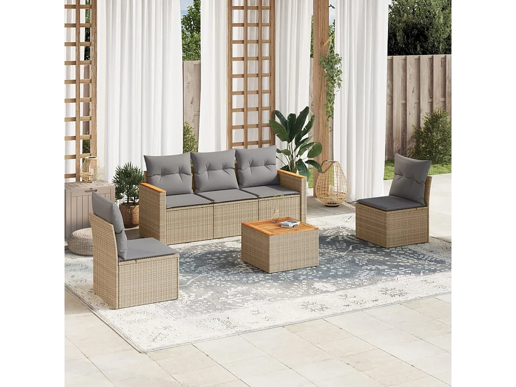 Salon de jardin avec coussins 6 pièces beige résine tressée