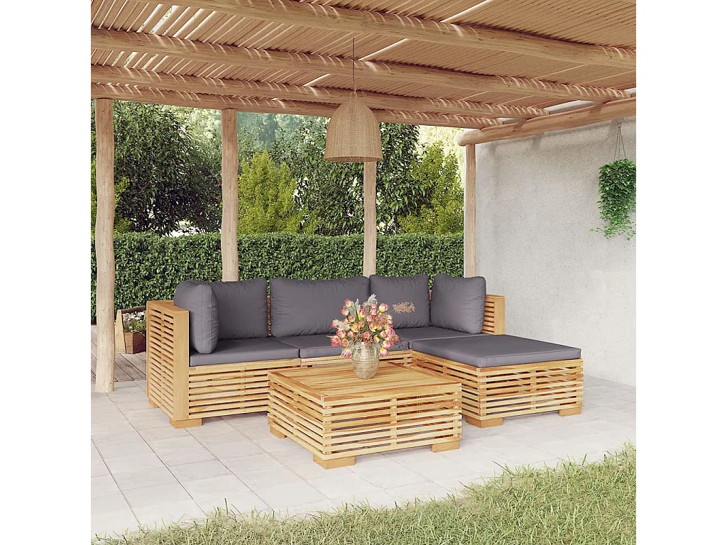 Salon de jardin 5 pièces avec coussins Bois de teck solide