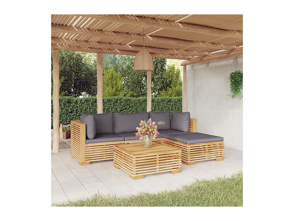 Salon de jardin 5 pièces avec coussins Bois de teck solide