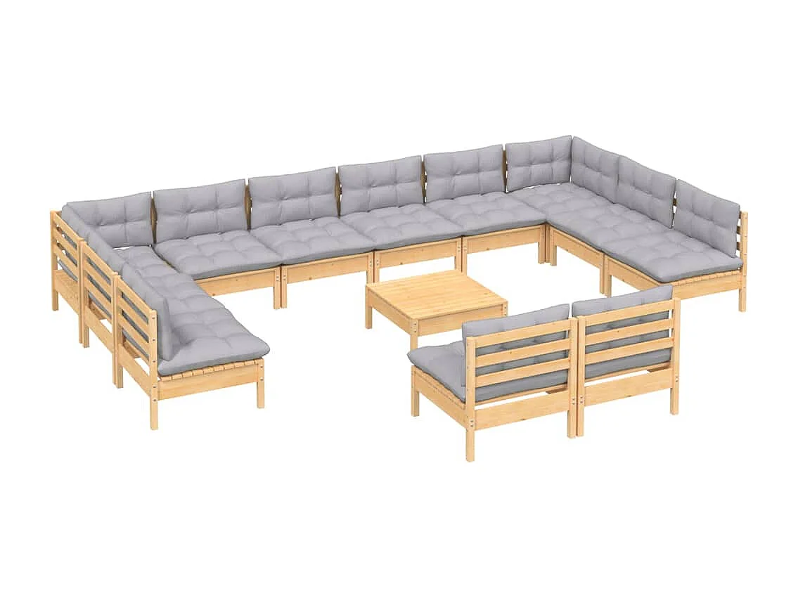Salon de jardin 13 pièces avec coussins gris bois de pin massif