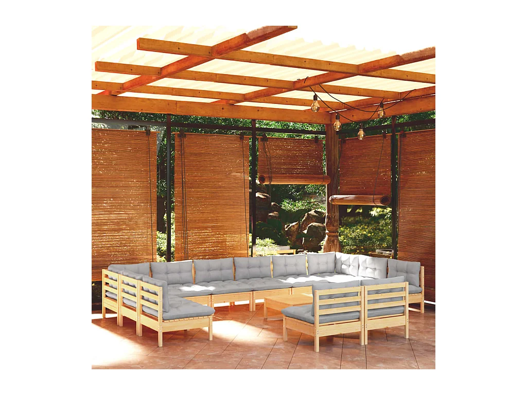 Muebles de jardín 13 piezas y cojines madera maciza de pino gris