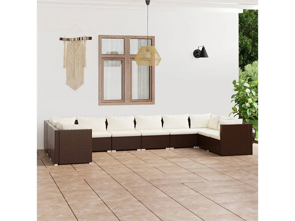 10-delige Loungeset met kussens poly rattan bruin