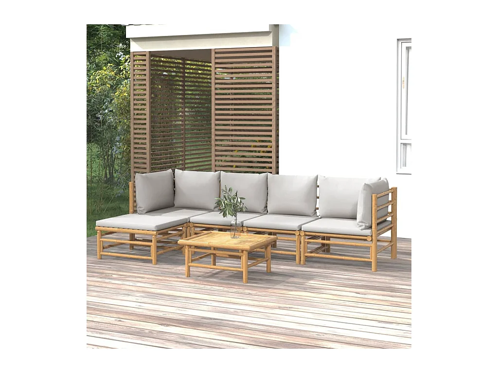 Salon de jardin 6 pièces avec coussins gris clair bambou