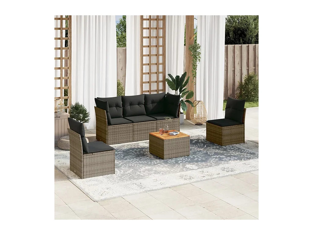 Salon de jardin 6 pièces avec coussins gris résine tressée