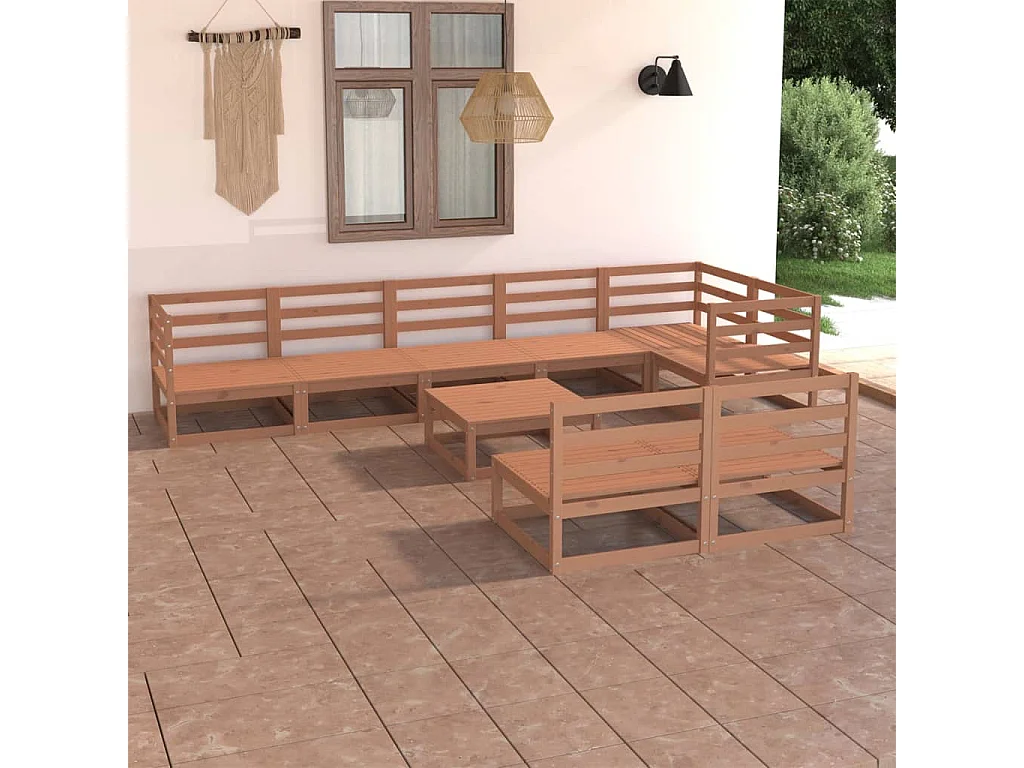 Salon de jardin 9 pièces marron miel bois de pin massif
