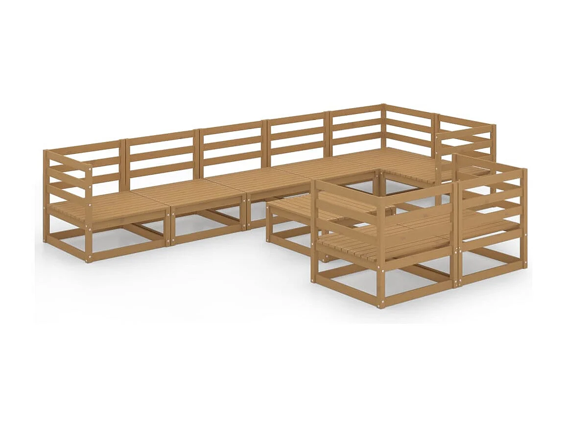 Salon de jardin 9 pièces marron miel bois de pin massif