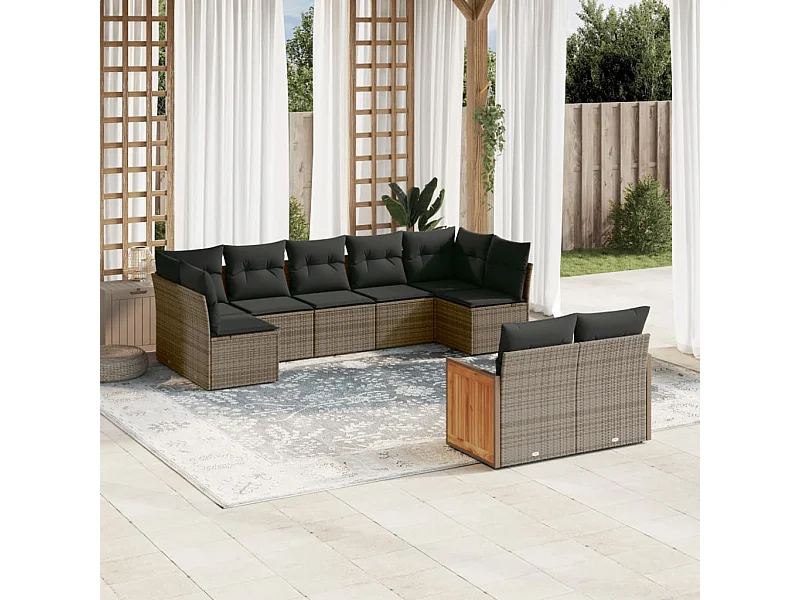 9 peças conjunto sofás p/ jardim com almofadões vime PE cinzento