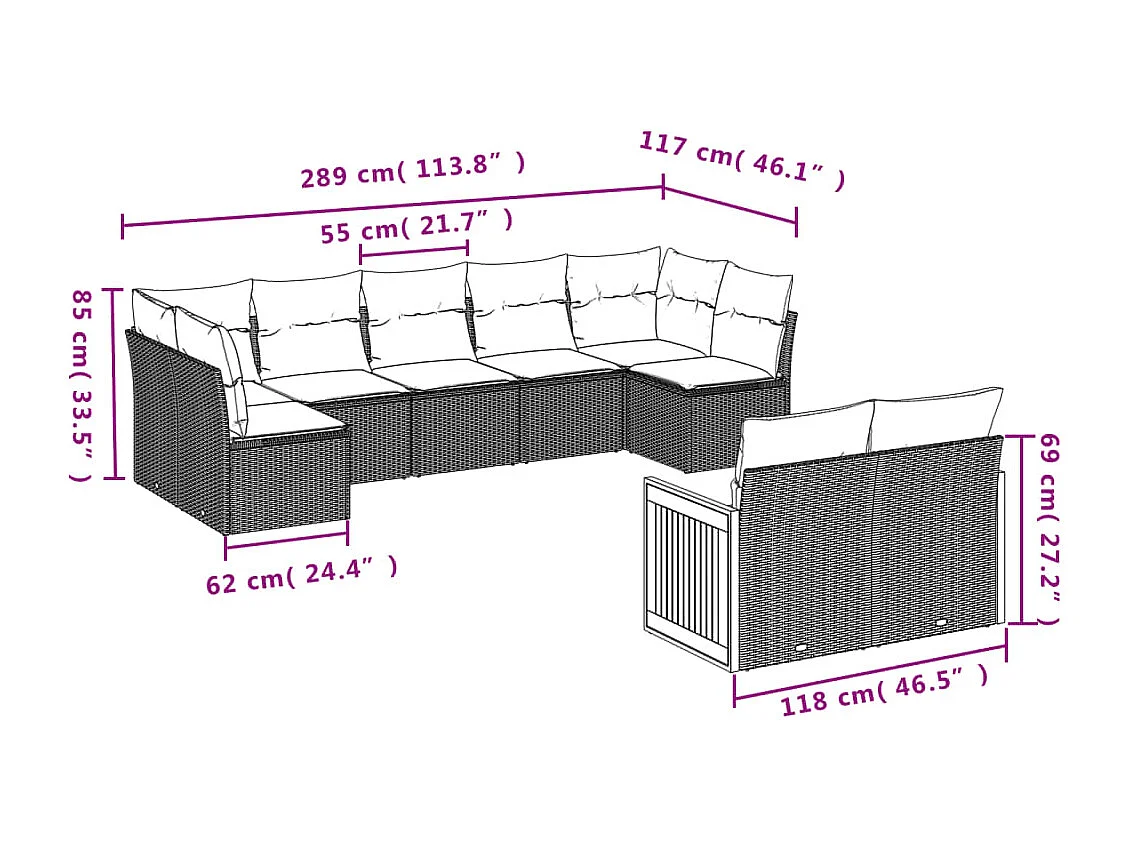 9 peças conjunto sofás p/ jardim com almofadões vime PE cinzento