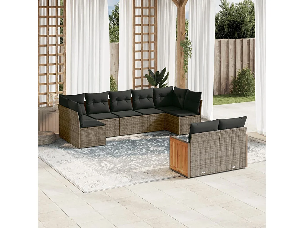 9 peças conjunto sofás p/ jardim com almofadões vime PE cinzento