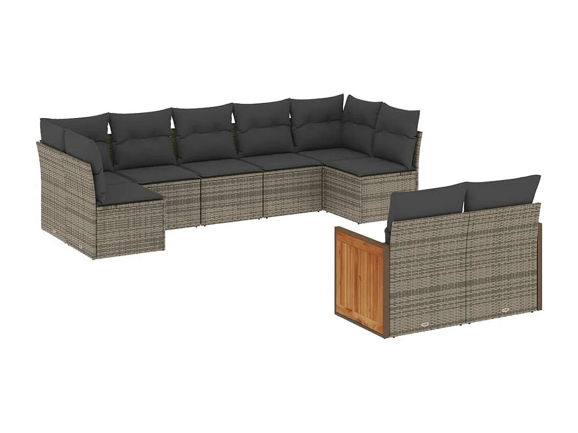 9 peças conjunto sofás p/ jardim com almofadões vime PE cinzento