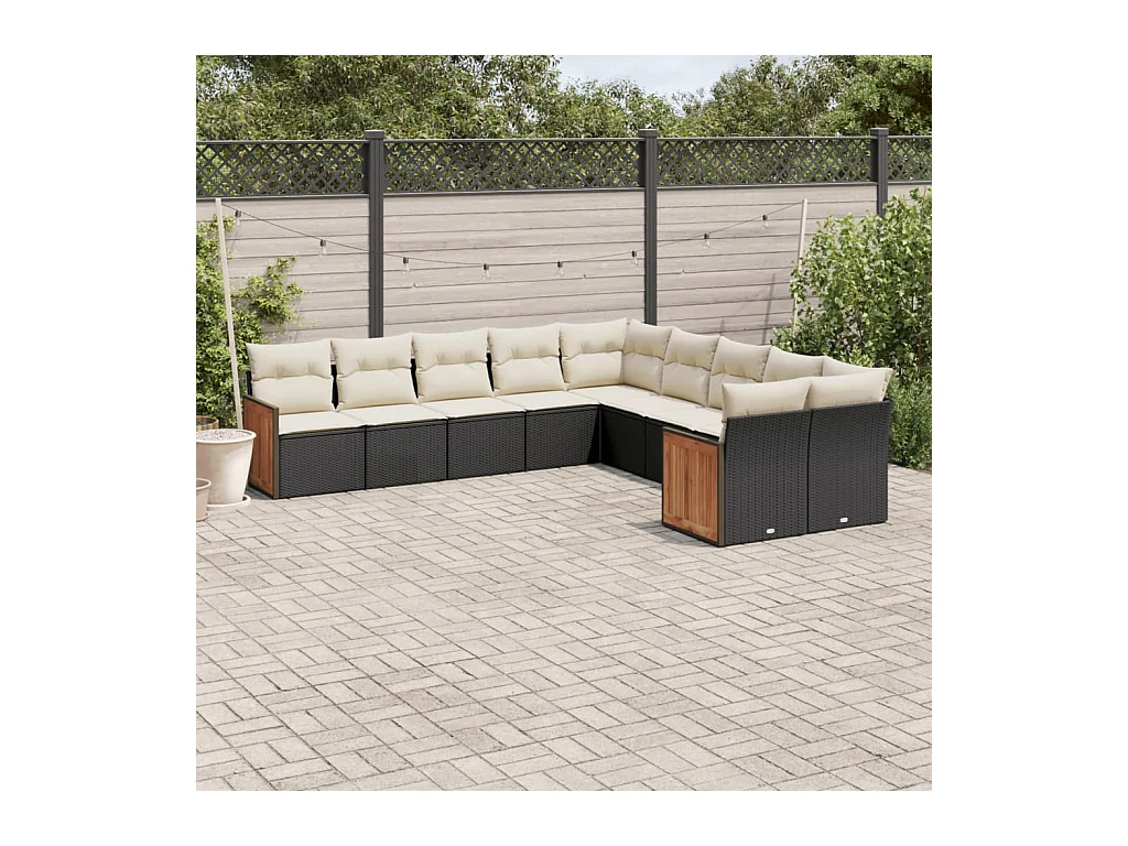 Salon de jardin 10 pièces avec coussins noir résine tressée