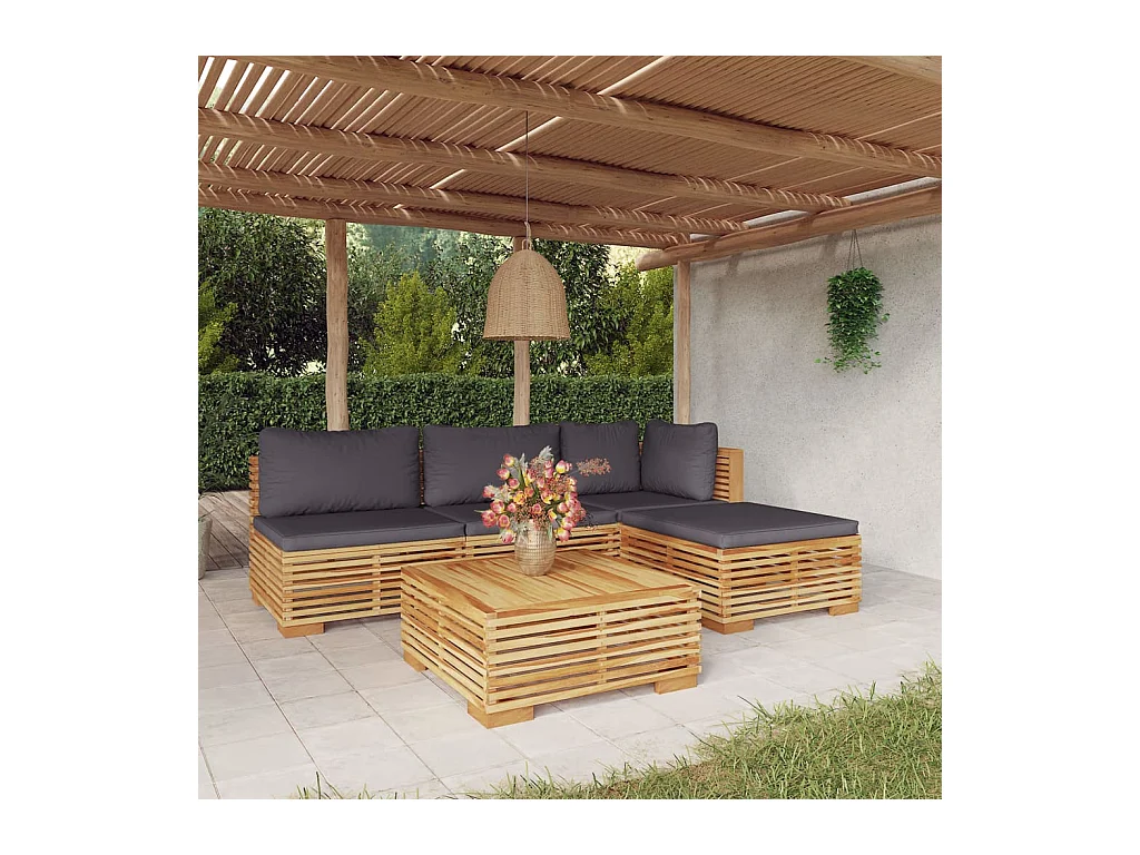 Salon de jardin 5 pièces avec coussins Bois de teck solide