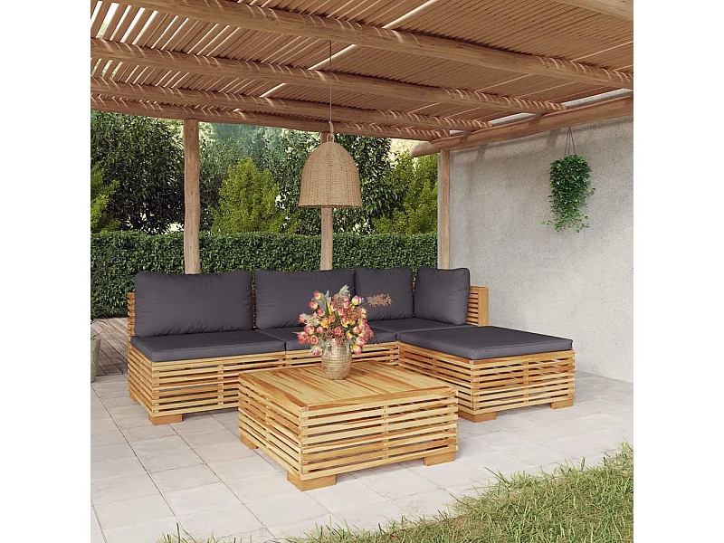 Salon de jardin 5 pièces avec coussins Bois de teck solide