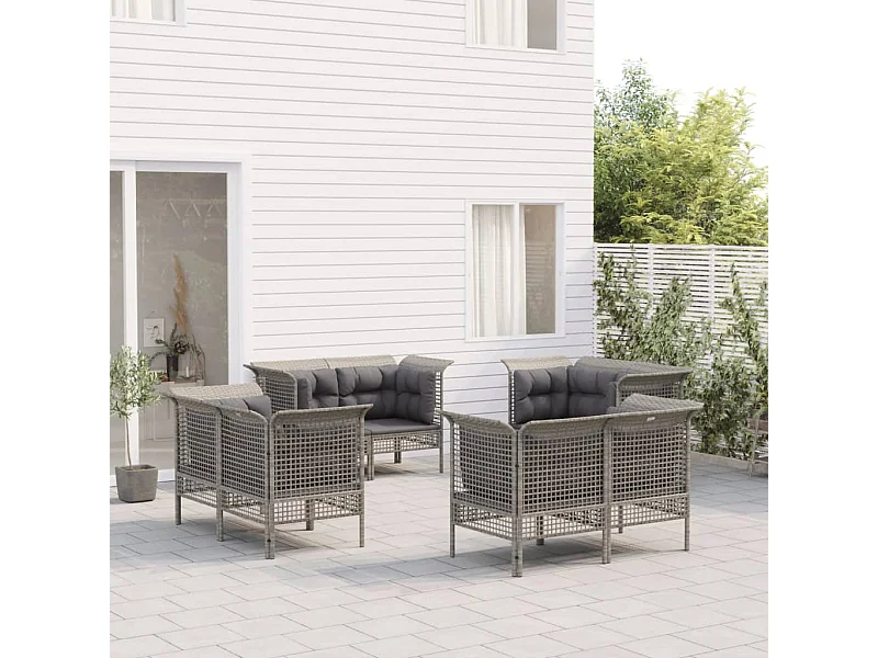 8 peças conjunto lounge de jardim c/ almofadões vime PE cinzento