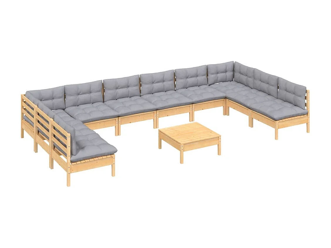 Salon de jardin 11 pièces avec coussins gris bois de pin solide