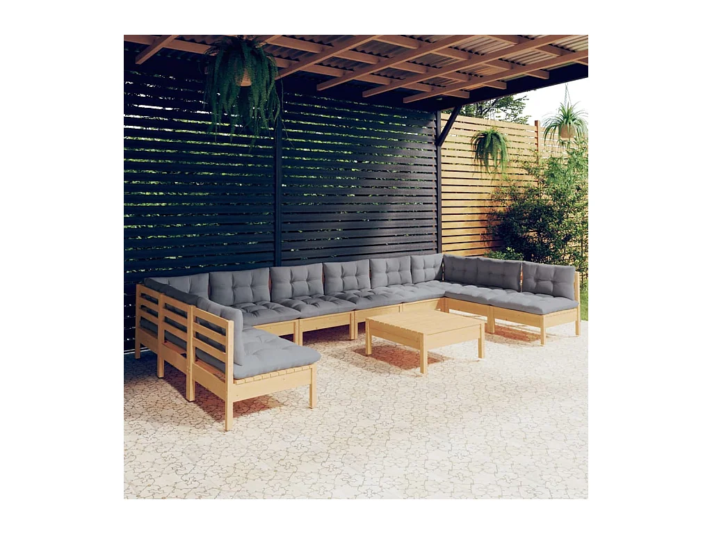 Juego de muebles de jardín 11 piezas y cojines madera maciza pino