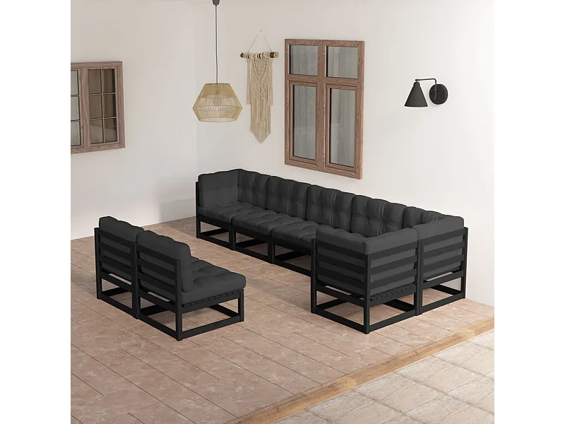 8 peças conjunto longue de jardim c/ almofadões pinho maciço