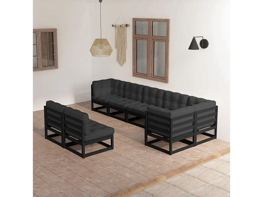 8 peças conjunto longue de jardim c/ almofadões pinho maciço