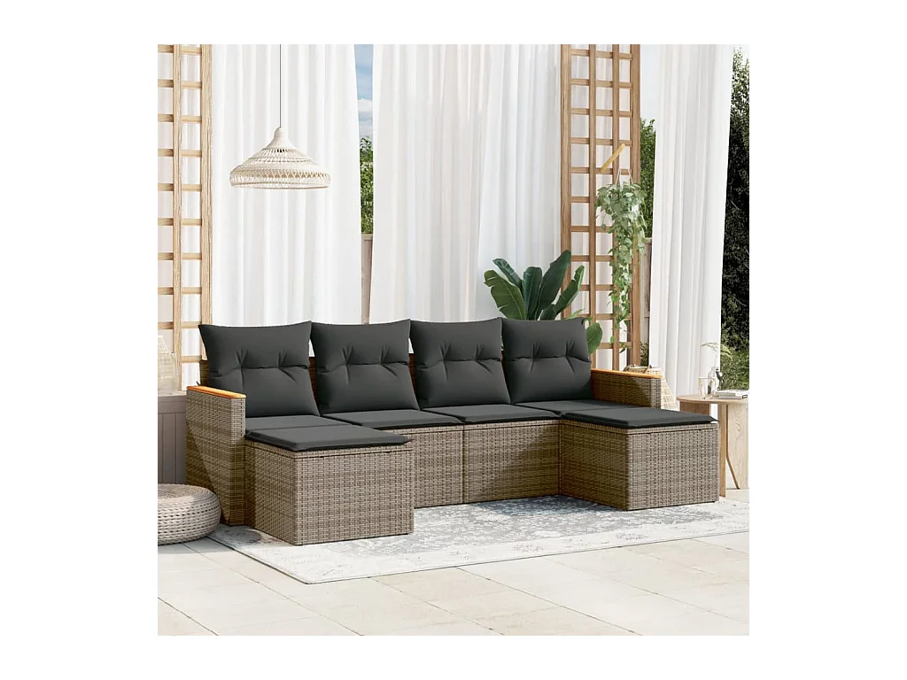 Set de muebles de jardín 6 piezas y cojines ratán sintético gris