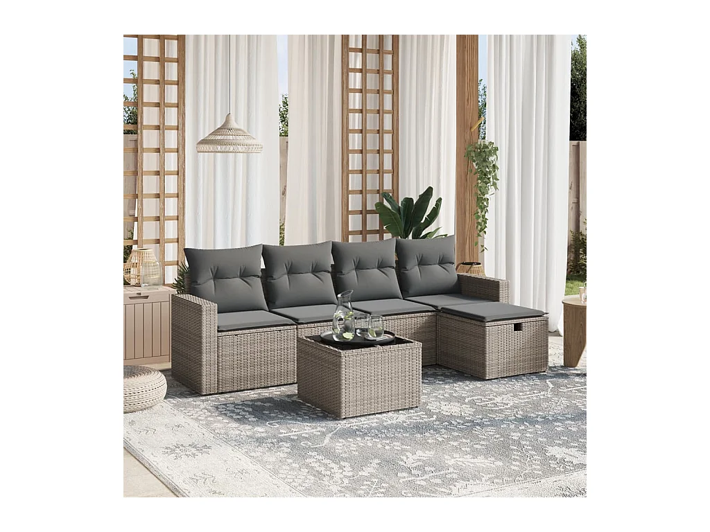 Salon de jardin 6 pièces avec coussins gris résine tressée