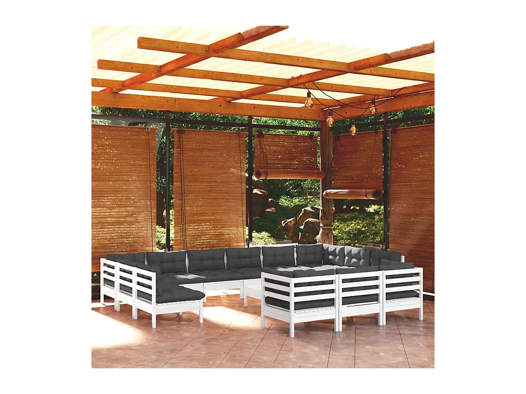 Salon de jardin 14 pièces avec coussins blanc bois de pin