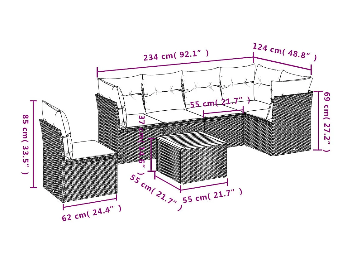 7-delige Loungeset met kussens poly rattan beige