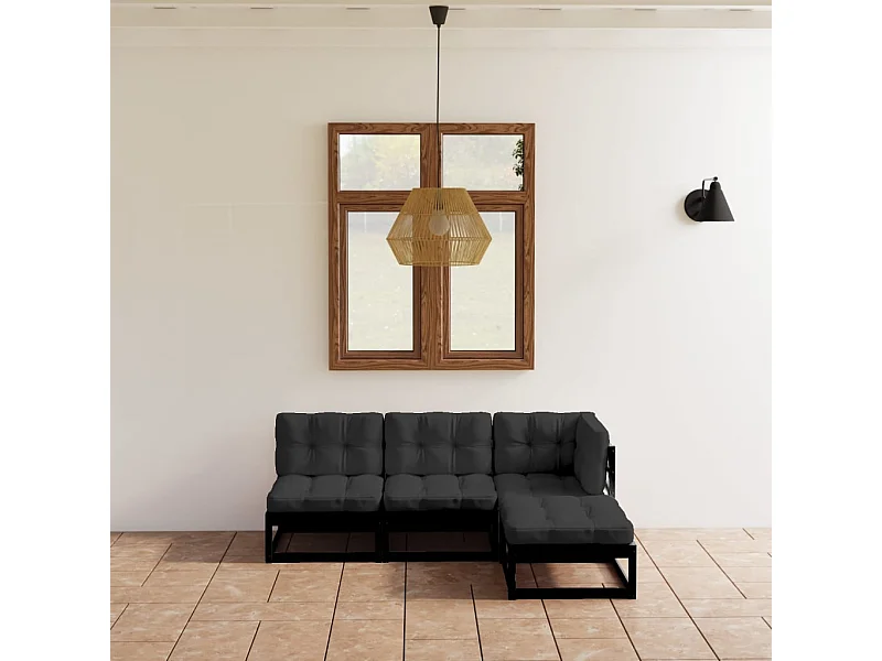 4 peças conjunto longue de jardim c/ almofadões pinho maciço