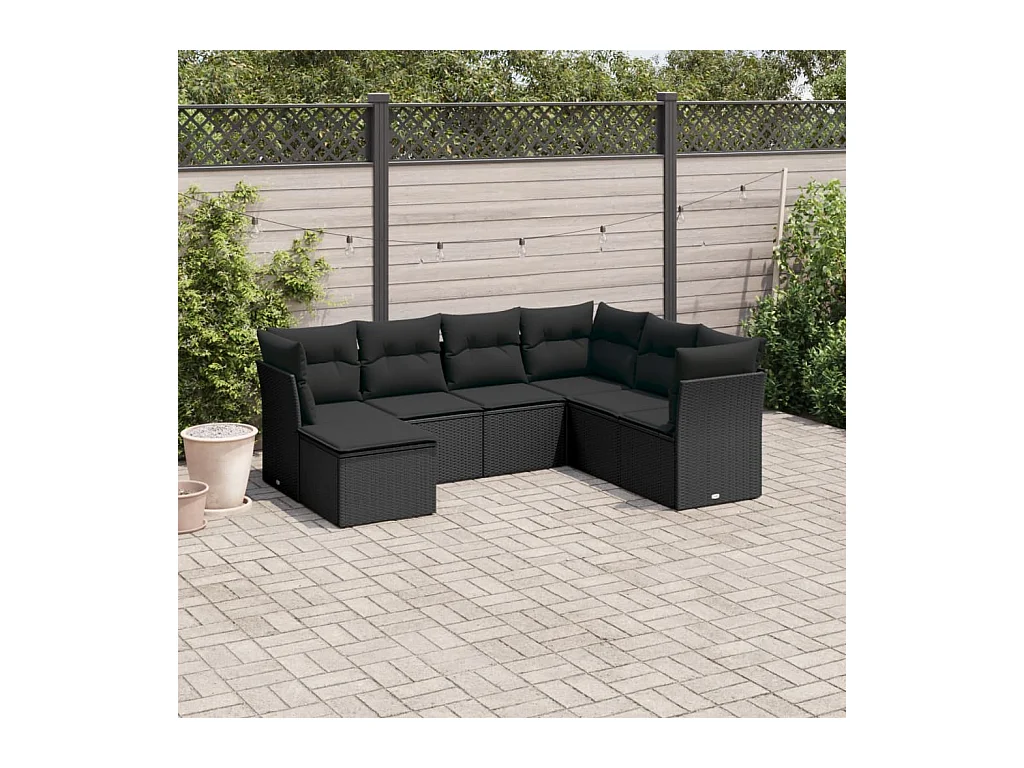 Salon de jardin 7 pièces avec coussins noir résine tressée