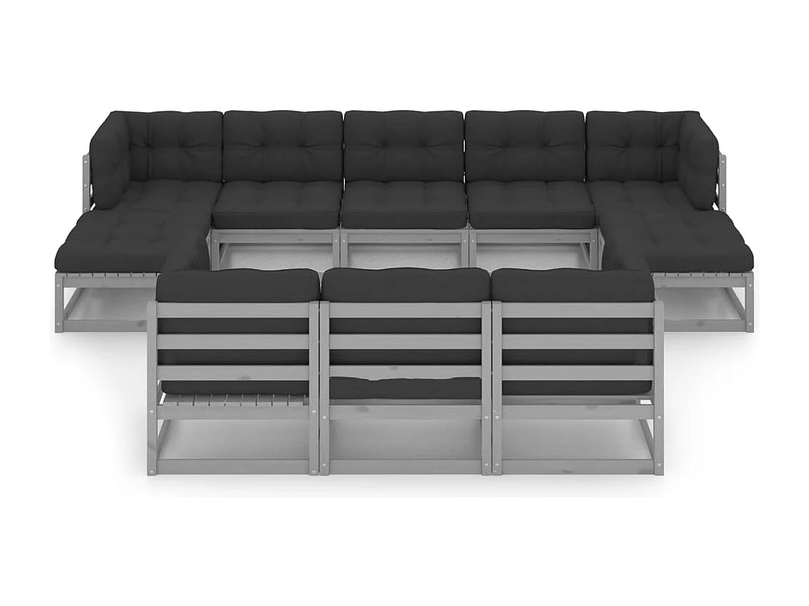 10peças conjunto lounge de jardim + almofadões pinho maciço cinza