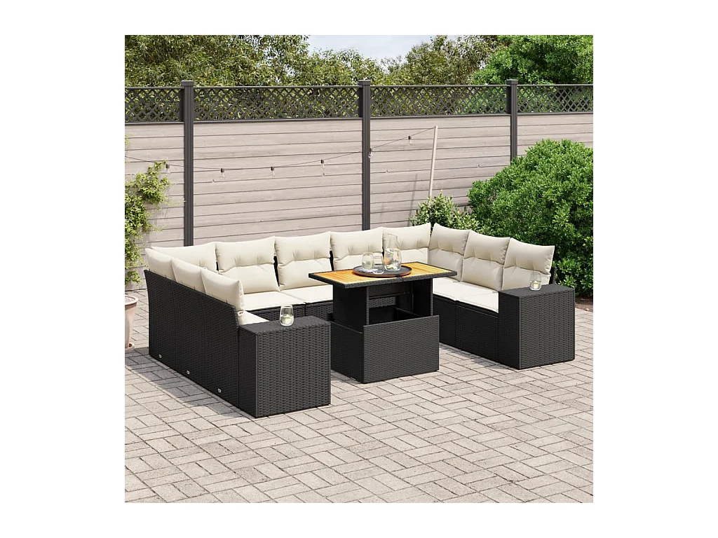10 peças conjunto sofás de jardim c/ almofadões vime PE preto
